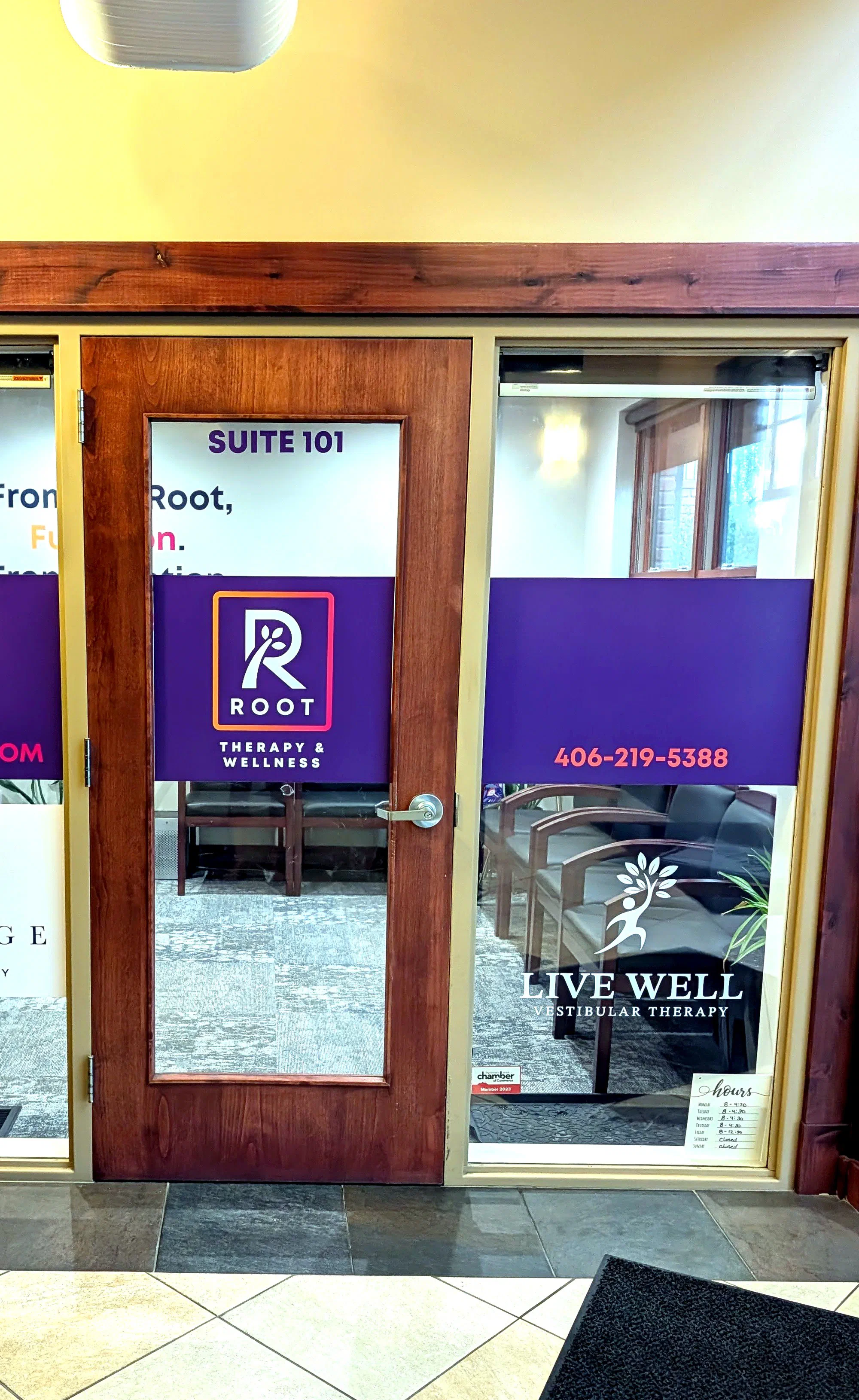 Suite 101 entry door of Root Therapy and Wellness in Bozeman, Montana